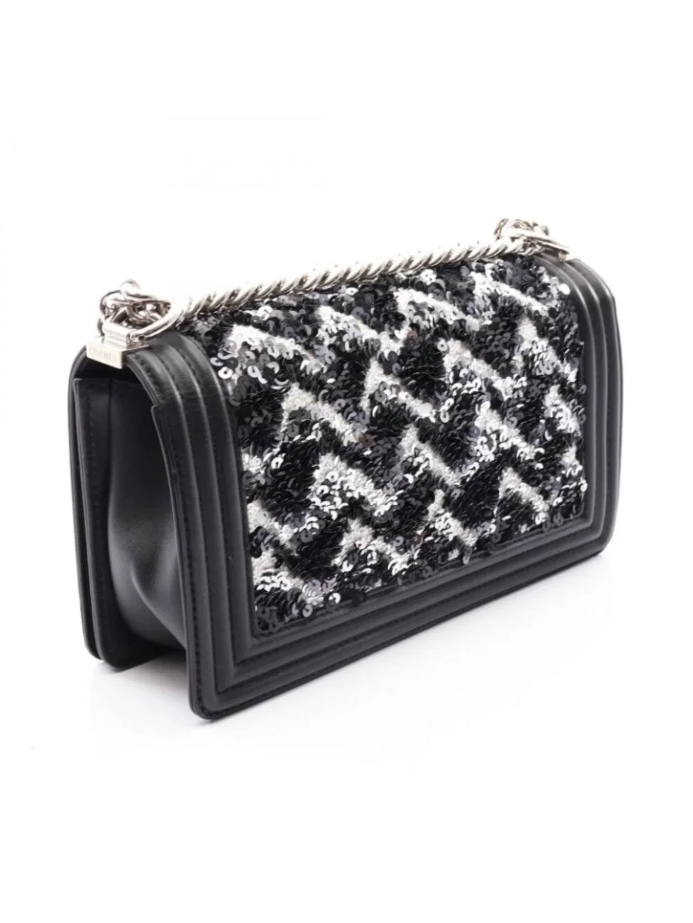 Chanel Shoulder Bag Boy Sequin Black White Lambskin Chain